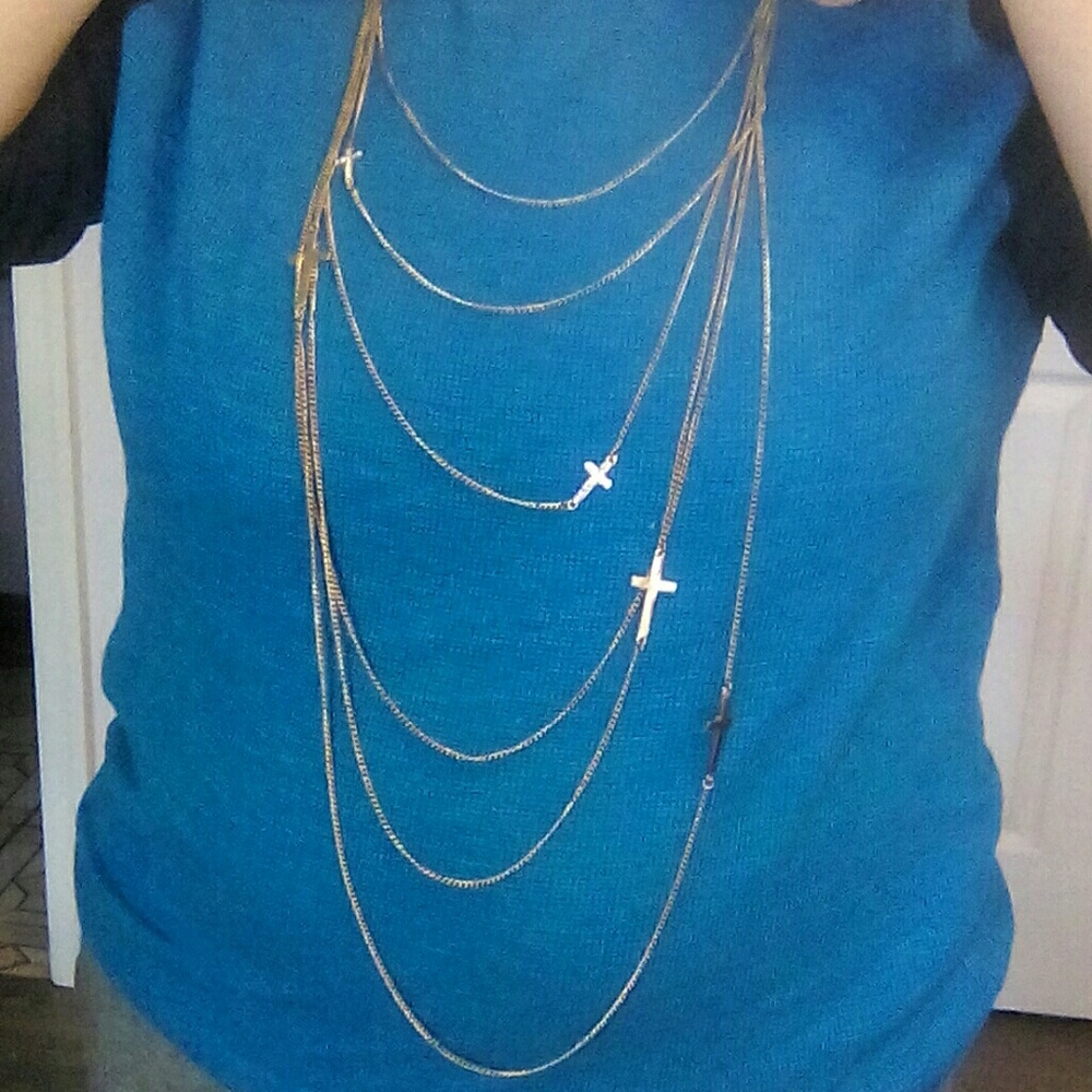 Multi Chain Gold Tone Necklace with Sideways Crosses has Lobster Claw Clasp